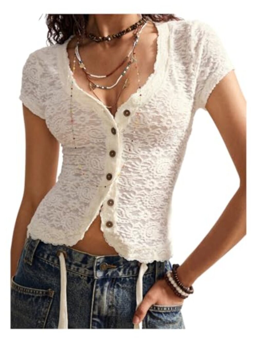 SHENHE Women's Lace Button Up Short Sleeve Sweetheart Y2K Coquette Top